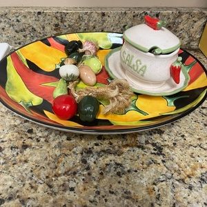 Mexican party platter and salsa dish